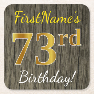 Dessous-de-verre Carré En Papier Faux Wood, Faux Gold 73e anniversaire + Nom person