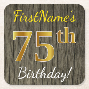Dessous-de-verre Carré En Papier Faux Wood, Faux Gold 75e anniversaire + Nom person