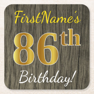 Dessous-de-verre Carré En Papier Faux Wood, Faux Gold 86e anniversaire + Nom person