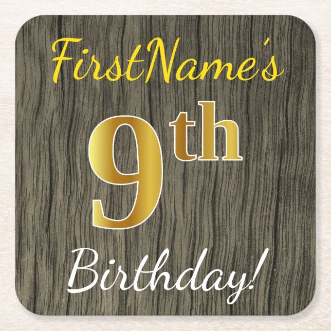 Dessous-de-verre Carré En Papier Faux Wood, Faux Gold 9e Anniversaire + Nom personn (Devant)