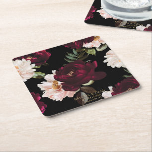 Dessous-de-verre Carré En Papier Faveur de mariage florale Burgundy Blush sombre et