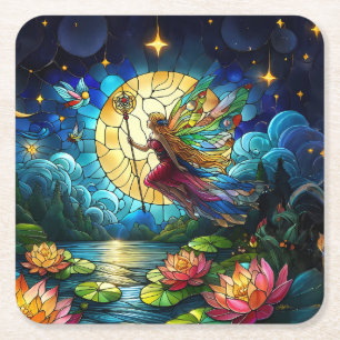 Dessous-de-verre Carré En Papier Fée de vol au clair de lune en verre coloré