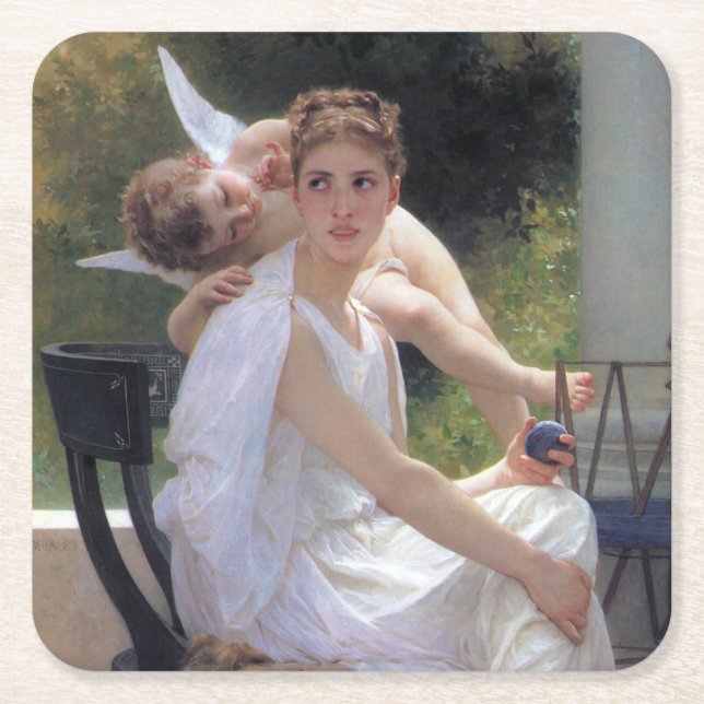 Dessous-de-verre Carré En Papier Femme avec Cupidon, Bouguereau (Devant)