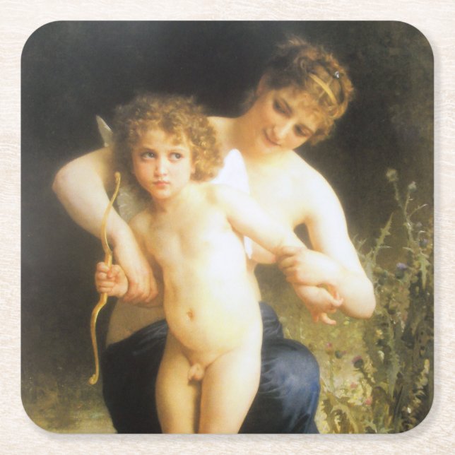 Dessous-de-verre Carré En Papier Femme avec Cupidon, Bouguereau (Devant)