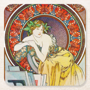 Dessous-de-verre Carré En Papier Femme avec du pavot, Mucha