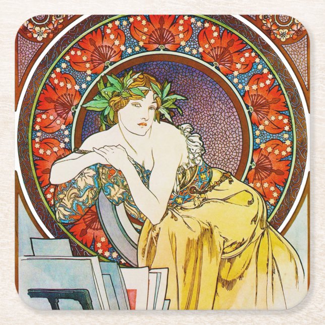 Dessous-de-verre Carré En Papier Femme avec du pavot, Mucha (Devant)