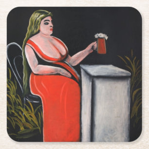 Dessous-de-verre Carré En Papier Femme courbée avec une tasse de bière