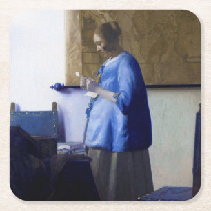 Dessous-de-verre Carré En Papier Femme en bleu, Johannes Vermeer