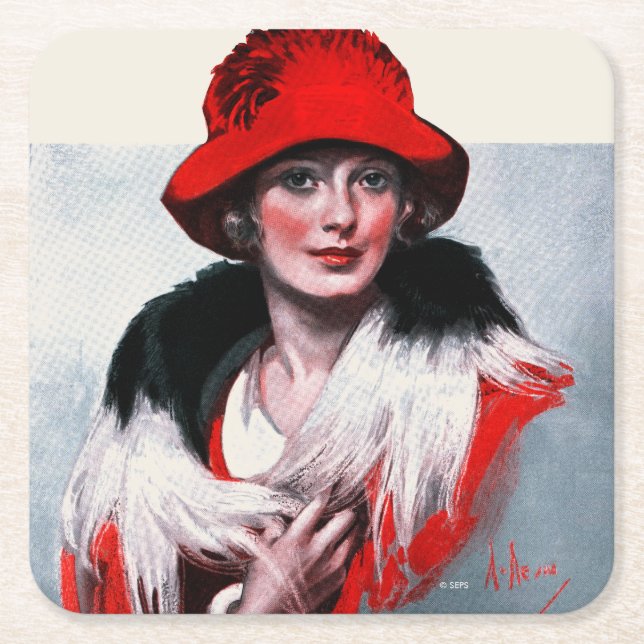 Dessous-de-verre Carré En Papier Femme en Casquette rouge (Devant)