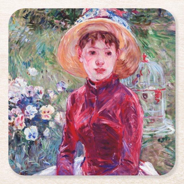 Dessous-de-verre Carré En Papier Femme en rouge, Berthe Morisot (Devant)