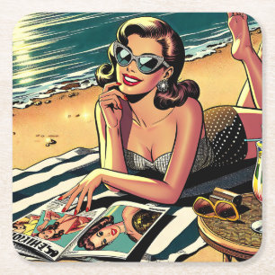 Dessous-de-verre Carré En Papier Femme rétro sur la plage lisant un magazine de mod
