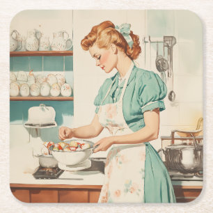 Dessous-de-verre Carré En Papier Femme vintage préparant des oeufs de Pâques