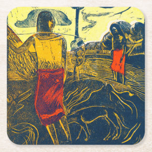 Dessous-de-verre Carré En Papier Femmes tahitiennes et Chien, Gauguin