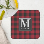 Dessous-de-verre Carré En Papier Ferme Red Buffalo Check Nom de famille Monogramme<br><div class="desc">Dessous de verre en papier monogramme sur mesure avec monogramme personnalisé et nom de famille sur un motif de chèque en buffle noir et rouge/plaid/en vichy.</div>