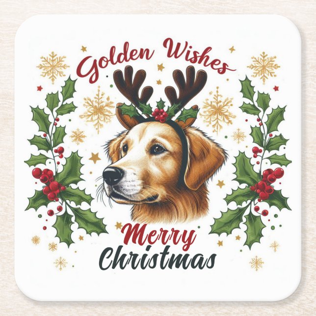 Dessous-de-verre Carré En Papier Festin Reindeer Golden Retriever Chien Noël (Devant)