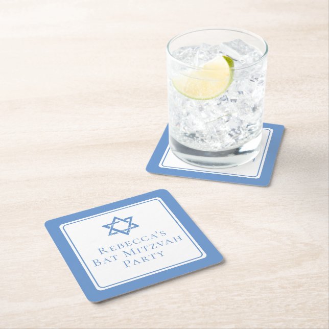 Dessous-de-verre Carré En Papier Fête bat mitzvah lumière étoile bleue de David (En situation)