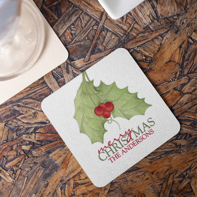 Dessous-de-verre Carré En Papier Fête Botanique Joyeux Nom de Noël (Elegant botanical Merry Christmas personalized coaster with festive greenery holiday drink decor.)