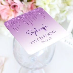 Dessous-de-verre Carré En Papier Fête d'anniversaire 21 ans Chic Glitter Violet Dri