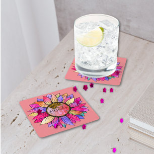 Dessous-de-verre Carré En Papier Fête d'anniversaire à l'aquarelle Tournesol Rose e