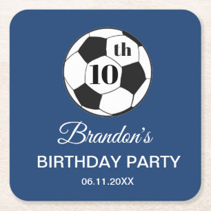 Dessous-de-verre Carré En Papier Fête d'anniversaire de 10 ans Football Bleu Garçon