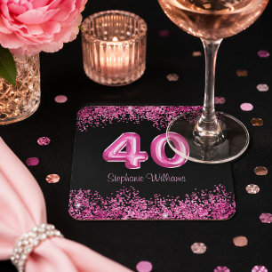 Dessous-de-verre Carré En Papier Fête d'anniversaire de 40 ans chic noir rose paill