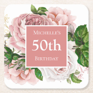 Dessous-de-verre Carré En Papier Fête d'anniversaire de 50 ans Floral rose poudré V