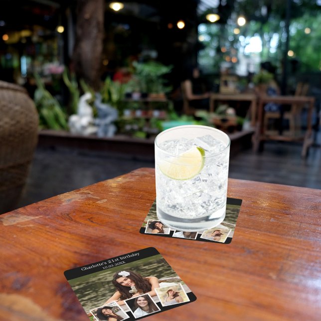 Dessous-de-verre Carré En Papier Fête d'anniversaire de collage photo noir (Créateur téléchargé)