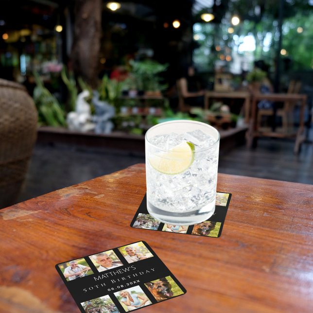 Dessous-de-verre Carré En Papier Fête d'anniversaire de collage photo noir (Créateur téléchargé)