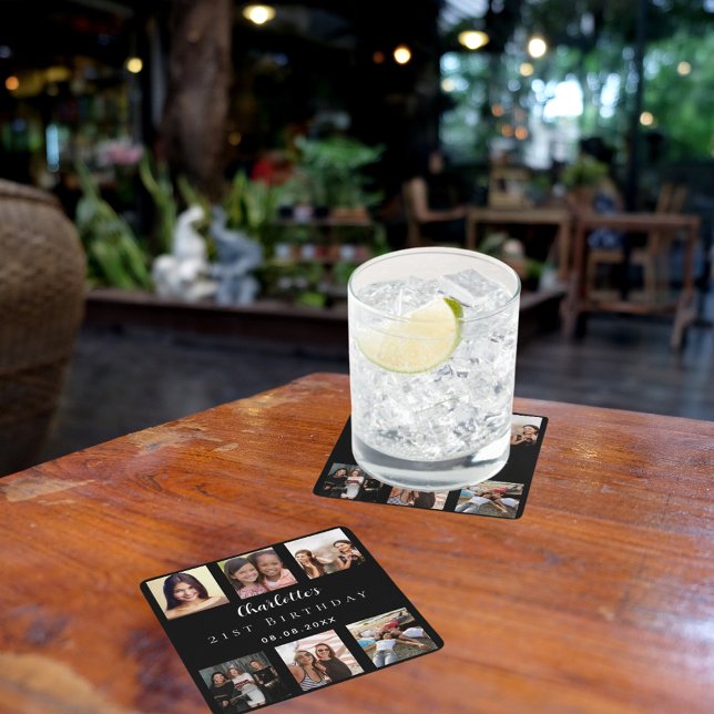 Dessous-de-verre Carré En Papier Fête d'anniversaire de collage photo noir (Créateur téléchargé)