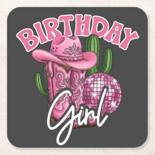 Dessous-de-verre Carré En Papier Fête d'anniversaire de cowgirl rose Style Western 