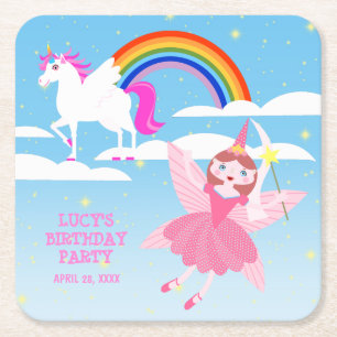 Dessous-de-verre Carré En Papier Fête d'anniversaire de magie de licorne et de fée