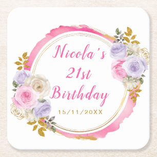 Dessous-de-verre Carré En Papier Fête d'anniversaire élégante avec fleurs roses et
