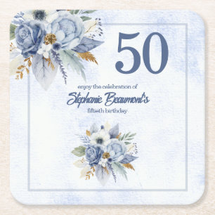 Dessous-de-verre Carré En Papier Fête d'anniversaire élégante bleue florale pour fe