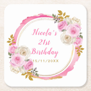 Dessous-de-verre Carré En Papier Fête d'anniversaire élégante fleurs or rose vif