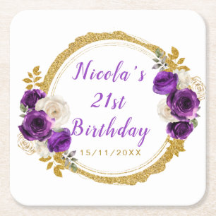 Dessous-de-verre Carré En Papier Fête d'anniversaire élégante fleurs violet foncé e