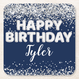 Dessous-de-verre Carré En Papier Fête d'anniversaire en argent bleu marine