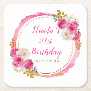 Dessous-de-verre Carré En Papier Fête d'anniversaire Fleurs Élégantes Rose Chaud et