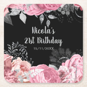 Dessous-de-verre Carré En Papier Fête d'anniversaire Fleurs Roses et Argent Élégant