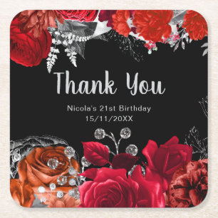 Dessous-de-verre Carré En Papier Fête d'anniversaire Fleurs Rouges et Argentées Élé