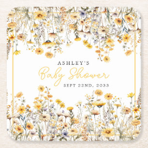 Dessous-de-verre Carré En Papier Fête de Bébé Aquarelle Bohème Fleur Sauvage Jaune