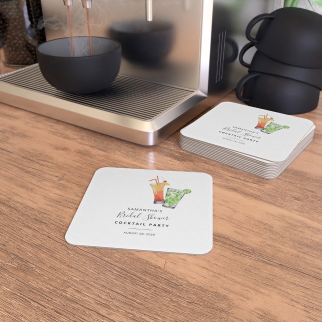Dessous-de-verre Carré En Papier Fête de Cocktail de Fiançailles à l'Aquarelle Mode (Bridal Shower Cocktail Party Coasters)