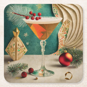 Dessous-de-verre Carré En Papier Fête de cocktail de Noël du milieu du siècle Happy