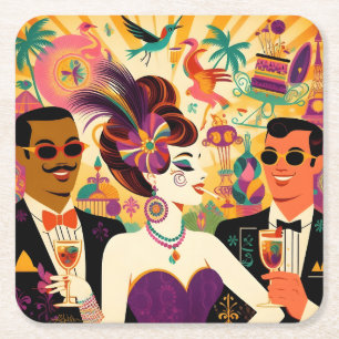 Dessous-de-verre Carré En Papier Fête de cocktail rétro milieu du siècle Mardi Gras