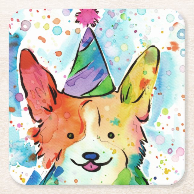 Dessous-de-verre Carré En Papier Fête de Corgi Birthday (Devant)