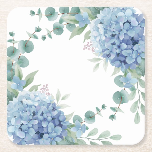 Dessous-de-verre Carré En Papier Fête de mariage floral d'hortensia bleu (Devant)