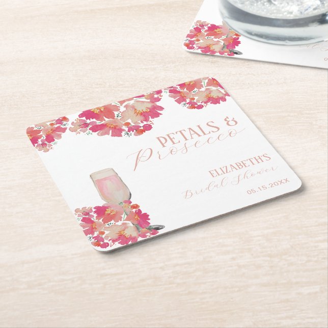 Dessous-de-verre Carré En Papier Fête de mariage Petals & Prosecco Fleurs Rose (Incliné)