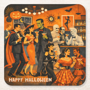 Dessous-de-verre Carré En Papier Fête de martini d'Halloween en style Mid Century M