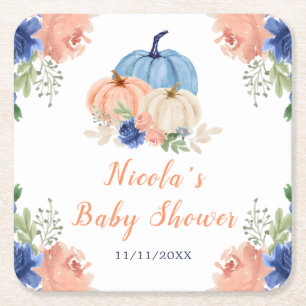 Dessous-de-verre Carré En Papier Fête de Naissance Fleurs Bleu Marine et Rose Pâle