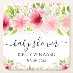Dessous-de-verre Carré En Papier Fête de Naissance Fleurs d'Été Rose Aquarelle