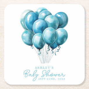 Dessous-de-verre Carré En Papier Fête de Naissance Garçon Aquarelle Ballons Bleus